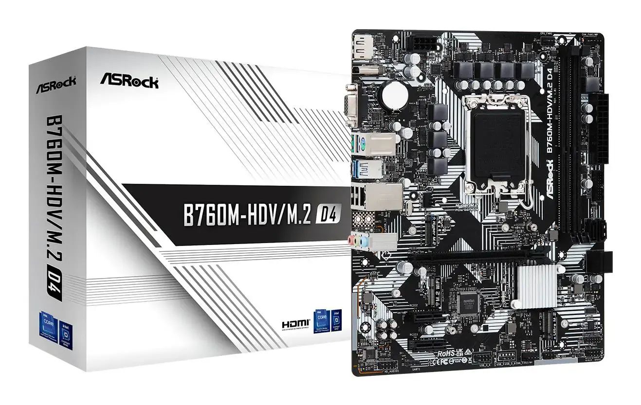 Pagrindinė plokštė ASROCK Intel B760 Express LGA1700 Micro-ATX Atmintis DDR4 Atminties lizdai 2 2xPCI-Express 3.0 1x 1xPCI-Express 4.0 16x 2xM.2 1x15pin D-sub 1xHDMI 1xDisplayPort 2xUSB 2.0 3xUSB 3.2 1xUSB-C 1xPS/2 1xRJ45 3xAudio prievadas B760M-HDV/M.2D4