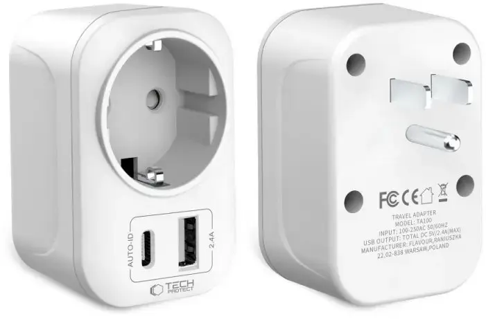 Tech-Protect travel adapter TA100 US-EU, white