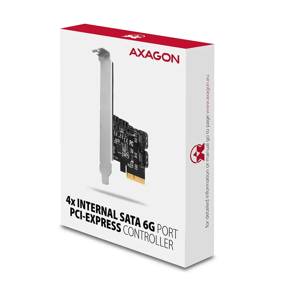 "Axagon" keturių kanalų SATA III PCI-Express valdiklis su keturiais vidiniais SATA prievadais. Standartinis ir žemo profilio.