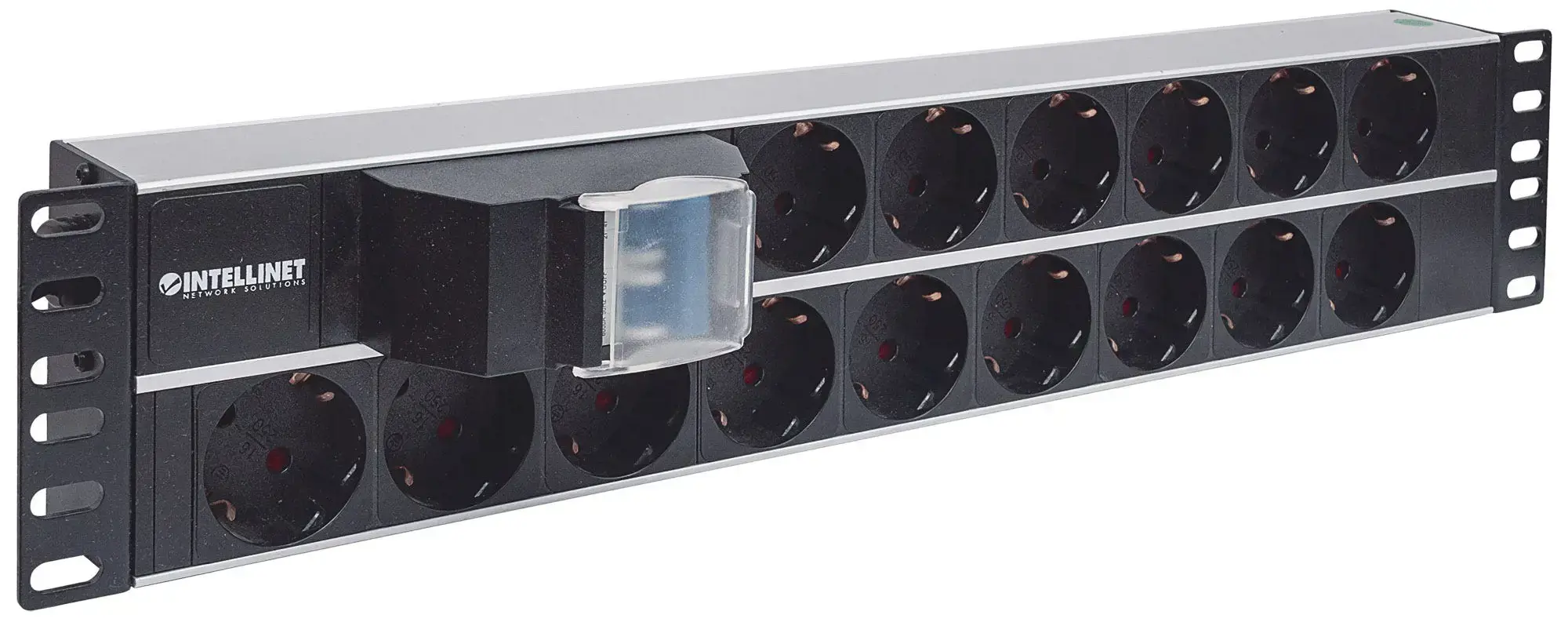 Intellinet 19" 2U Rackmount 15-Way Power Strip - German Type", With Double Air Switch, 3m Power Cord (Euro 2-pin plug), Basic, Switched, 2U, Horizontal, Aluminium, Aluminium, Black, 15 AC outlet(s)