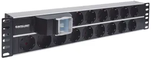 Intellinet 19" 2U Rackmount 15-Way Power Strip - German Type", With Double Air Switch, 3m Power Cord (Euro 2-pin plug), Basic, Switched, 2U, Horizontal, Aluminium, Aluminium, Black, 15 AC outlet(s)