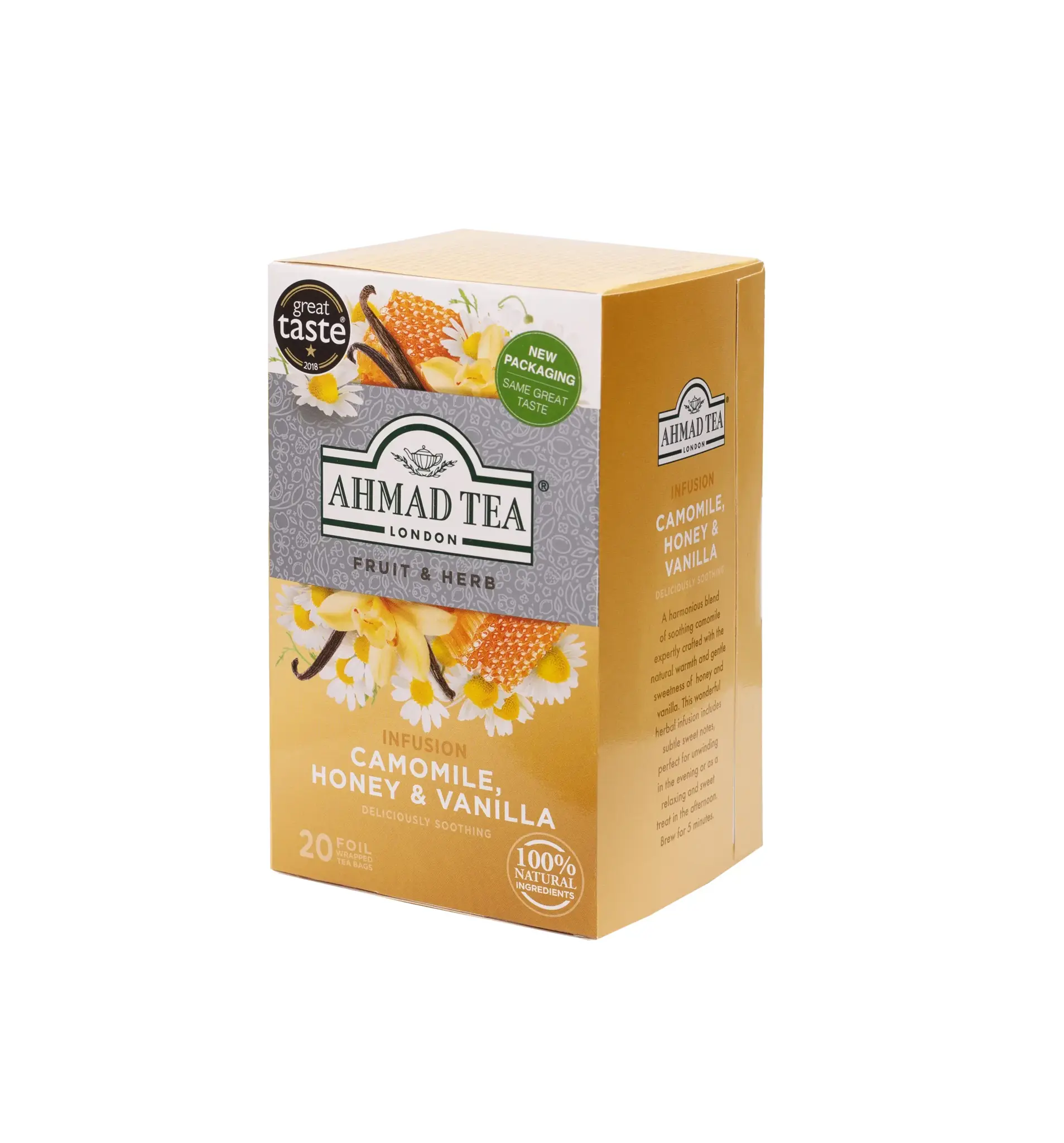 Vaisių ir žolelių arbata AHMAD Camomile Honey & Vanilla, 20 arbatos pakelių x 2 g, vokeliuose