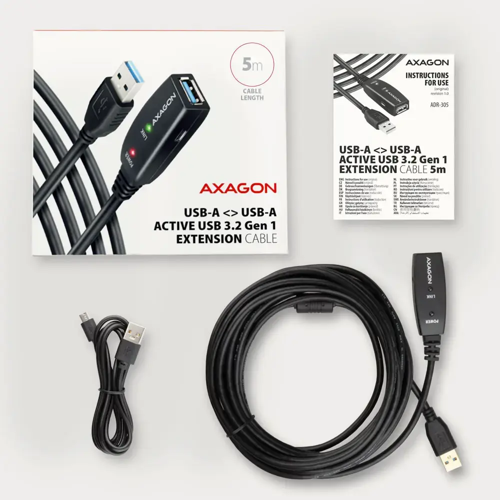 "Axagon Active" USB 3.2 Gen 1 A-M > A-F ilgintuvas, 5 m ilgio. Maitinimo šaltinio parinktis.