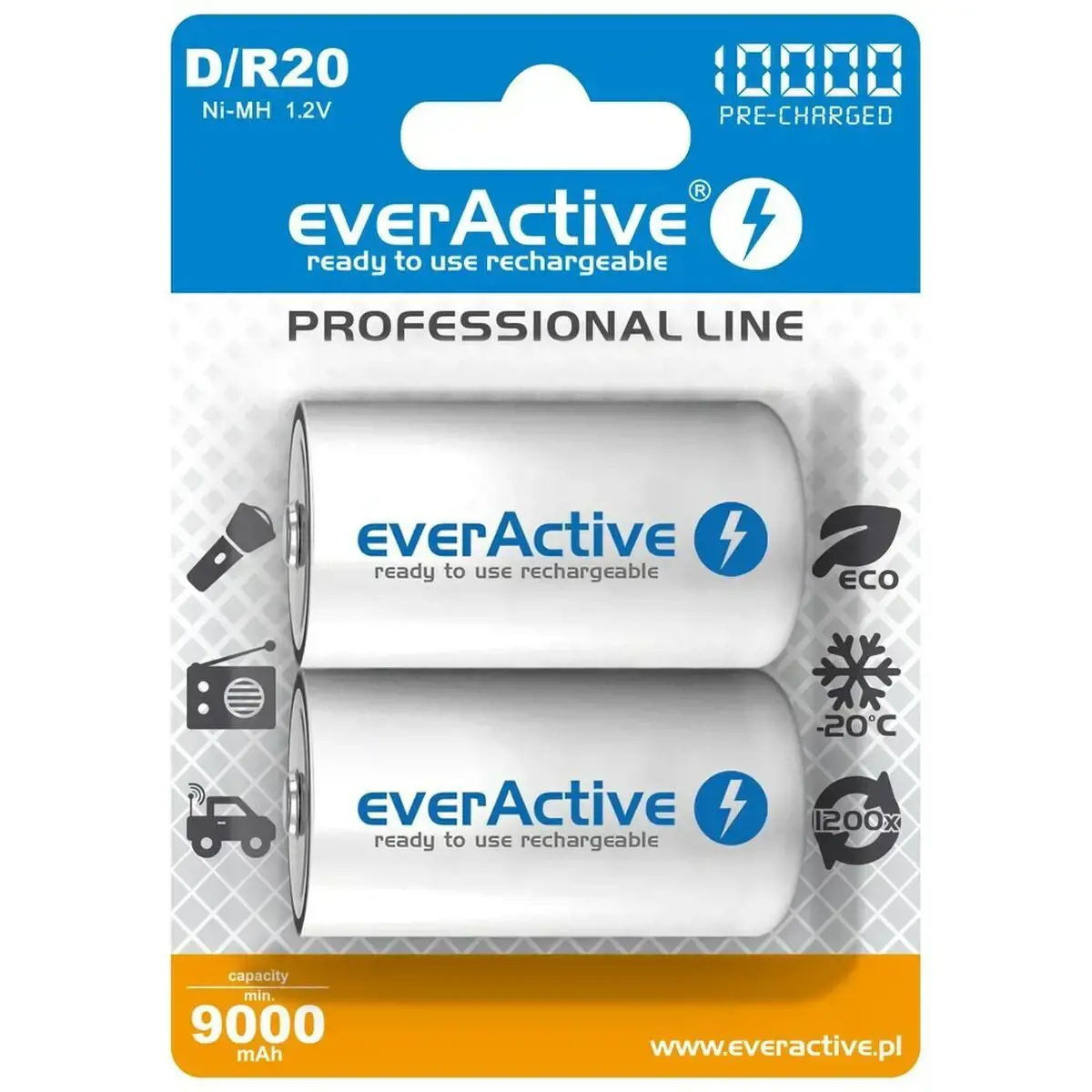 Įkraunamos baterijos everActive R20/D Ni-MH 10000 mAh paruoštos naudoti