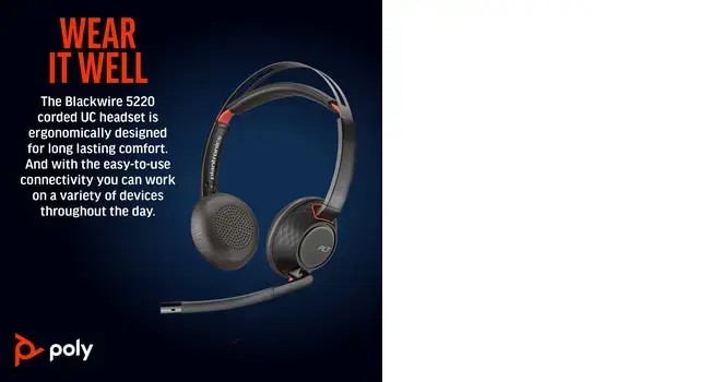 POLY Blackwire 5220 Stereo USB-C Headset +3.5mm Plug +USB-C/A Adapter, Wired, Business/Everyday, 162.5 g, Headset, Black