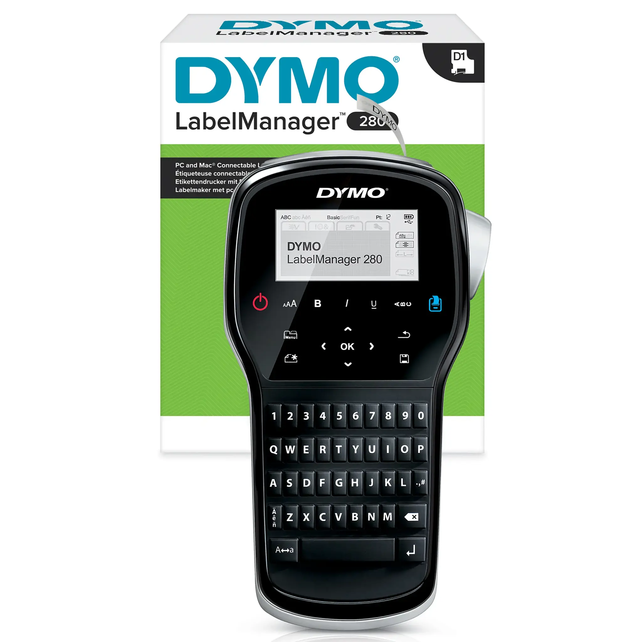 DYMO LabelManager 280 Label Maker | Rechargeable Handheld Label Printer with QWERTY Keyboard | Includes Black & White D1 Label Tape (12mm) | For Home & Office, QWERTY, D1, Thermal transfer, 180 x 180 DPI, 15 mm/sec, Black, Silver