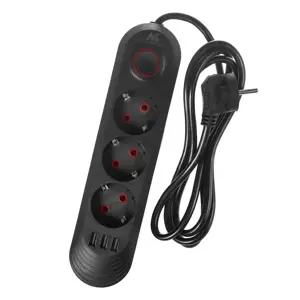 Maclean power strip, 3-socket extension cable + 3xUSB, 110-240V AC 50/60Hz, 2.1A max 2500W, 1.5m, b…