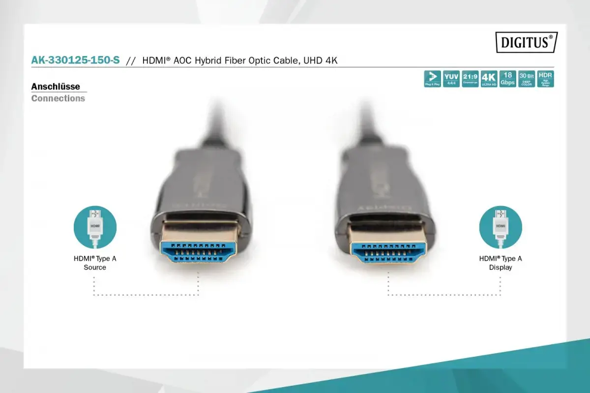 ASSMANN jungiamasis kabelis HDMI hibridinis šviesolaidis Premium HighSpeed Ethernet AOC 4K 60Hz UHD tipo HDMI A/HDMI A M/M 15 m