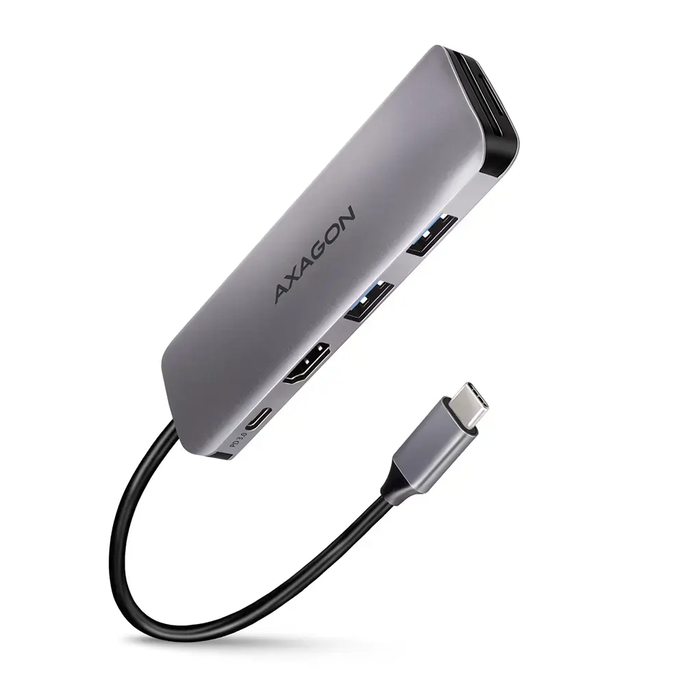 Daugiaportis USB 3.2 Gen 1 šakotuvas. HDMI, kortelių skaitytuvas ir "Power Delivery". 20 cm ilgio USB-C kabelis.