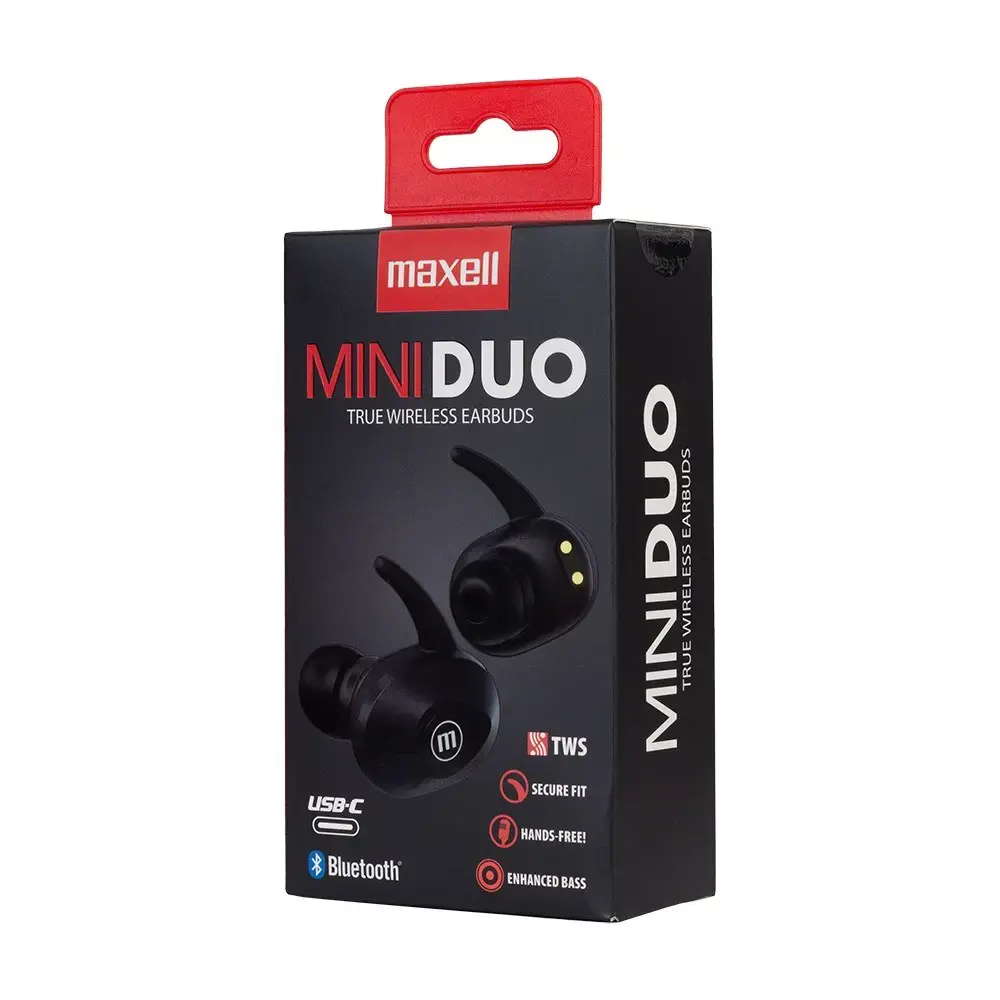MAXELL MINI DUO Belaidės ausinės su įkrovimo dėklu Juodos spalvos