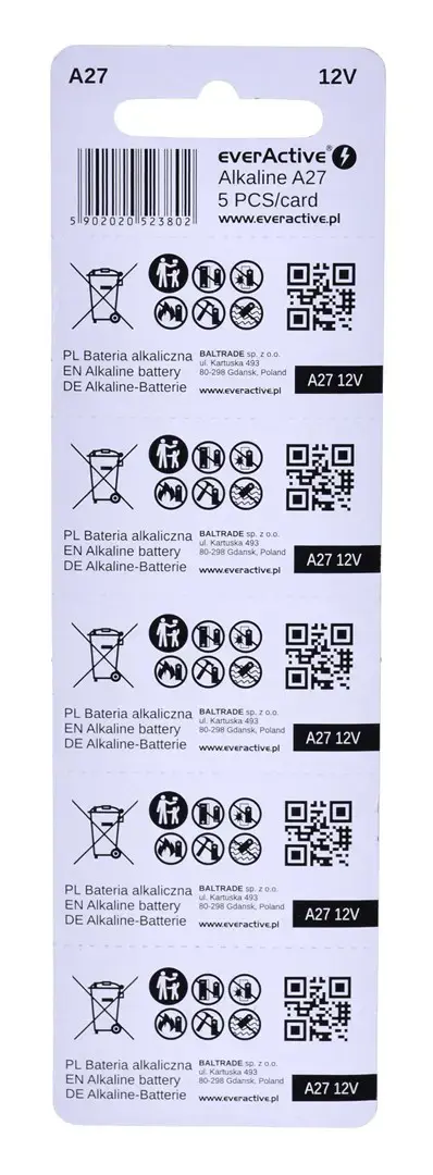 5 x šarminės baterijos everActive 27A 12V - lizdinė plokštelė 5 vnt.