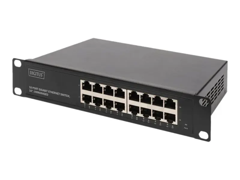 Digitus 16 prievadų Gigabit Ethernet komutatorius DN-80115 10/100/1000 Mbps (RJ-45), nevaldomas, montuojamas į stovą, maitinimo šaltinio tipas Vidinis, Ethernet LAN (RJ-45) prievadai 16