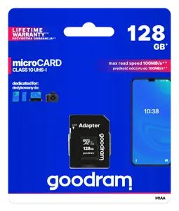 Goodram M1AA, 128 GB, MicroSDXC, Class 10, UHS-I, 100 MB/s, 10 MB/s