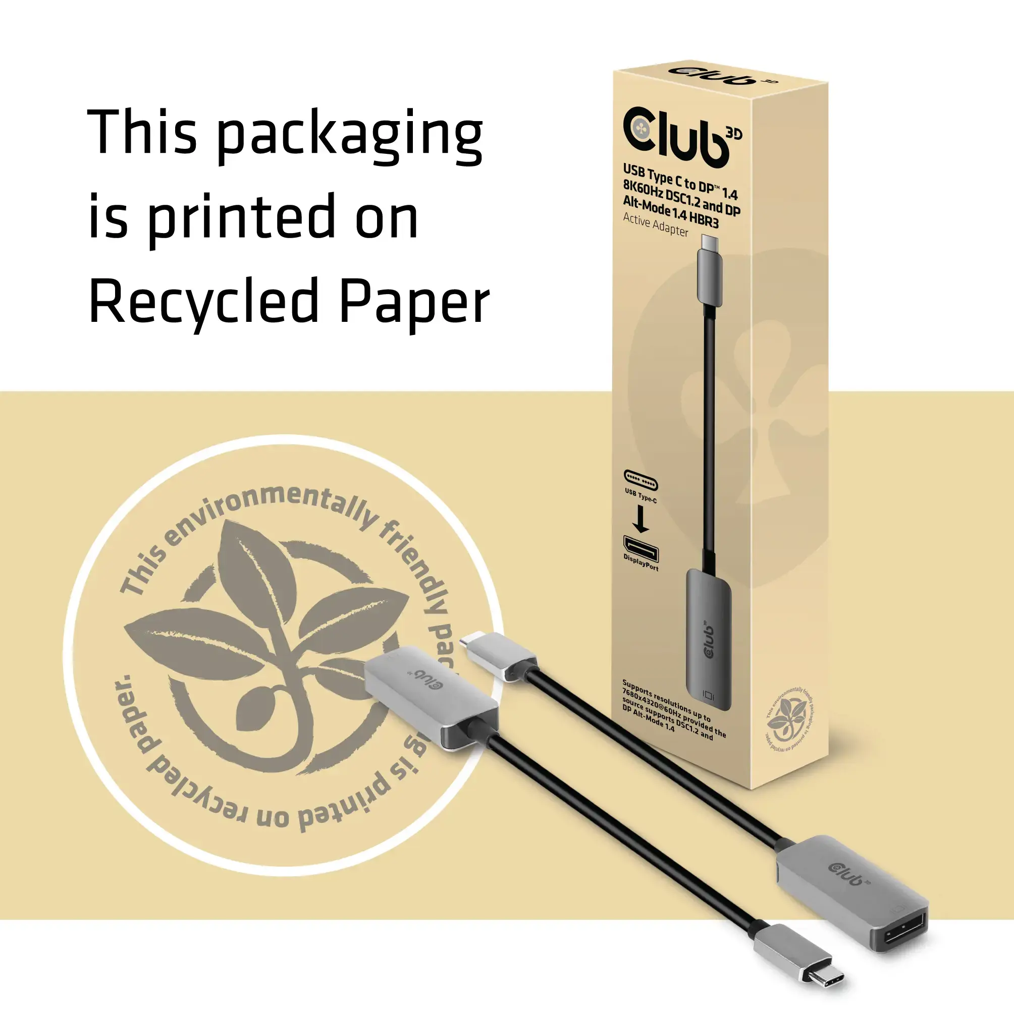 CLUB3D USB Type C to DisplayPort 1.4 8K60Hz HBR3 Active Adapter, USB Type-C, DisplayPort output, 7680 x 4320 pixels