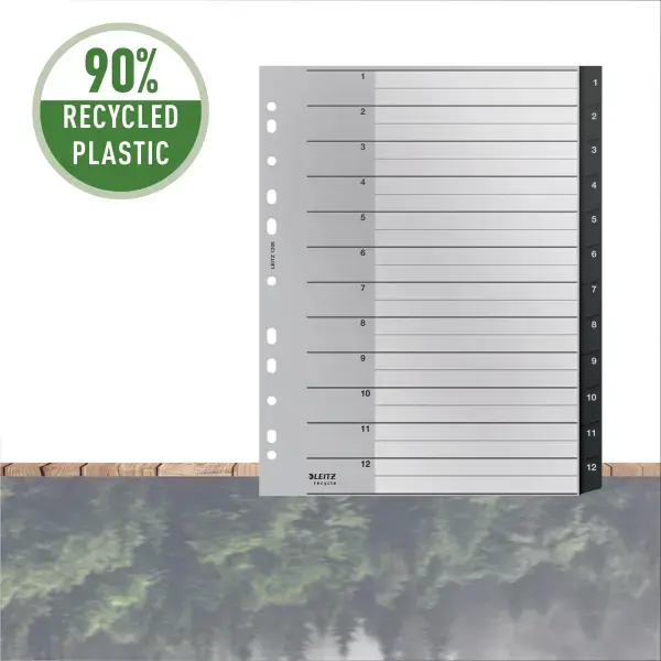 Skiriamieji lapai Leitz Recycle, 1-12, A4 MAXI, PP, juodos salvos