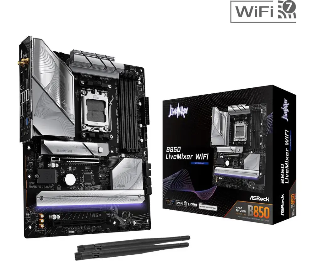 Mainboard ASROCK AMD B850 SAM5 ATX Memory DDR5 Memory slots 4 2xPCI-Express 4.0 16x 1xPCI-Express 5.0 16x 1xM.2 1xHDMI 1xDisplayPort 1xAudio-In 1xAudio-Out 2xUSB 2.0 1xUSB-C 1xOptical S/PDIF 1xRJ45 B850LIVEMIXERWIFI