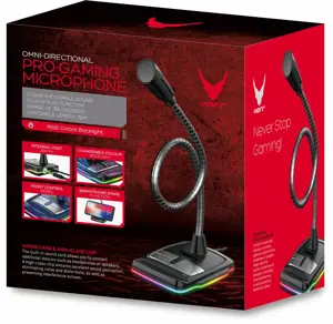 Varr Gaming USB mikrofonas su stovu, Reguliuojamas 360° kampu, Valdymo skydelis (įjungimas / išjungimas, garsumas ir apšvietimas), Mikrofono jautrumas -58±2 dB ir visakryptis, Populiari USB-A jungtis, Juodas, Kabelis 1,5 m, Stalo mikrofonas, -58 dB, 70 - 10000 Hz, 2200 Ω, 50 dB, Visakryptis