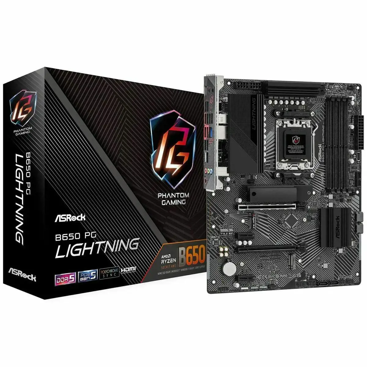 Pagrindinė plokštė ASROCK AMD B650 SAM5 ATX Atmintis DDR5 Atminties lizdai 4 2xPCI-Express 4.0 1x 2xPCI-Express 4.0 16x 3xM.2 1xHDMI 1xAudio-In 1xAudio-Out 1xMikrofonas 4xUSB 2.0 7xUSB 3.2 2xUSB-C 1xRJ45 B650PGLIGHTNING