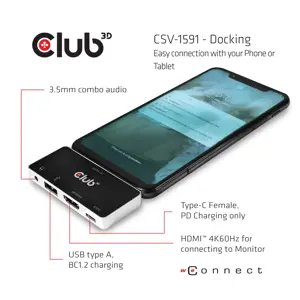 CLUB3D USB Type C 4-in-1 Hub to HDMI™ 4K60Hz USB Type C PD / USB Type A / Audio jack, Docking, USB 3.2 Gen 1 (3.1 Gen 1) Type-C, 100 W, 3.5 mm, Black, Chrome, 4K Ultra HD