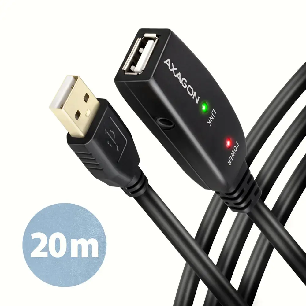 "Axagon ADR-220" aktyvusis ilgintuvas USB 2.0 A-M > A-F kabelis, 20 m ilgio. Maitinimo šaltinio parinktis.