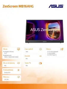 ASUS ZenScreen MB16AHG 15,6 colių nešiojamasis monitorius Full HD 1920x1080 IPS 144Hz FreeSync 16:9 antirefleksinis C tipo mini HDMI USB