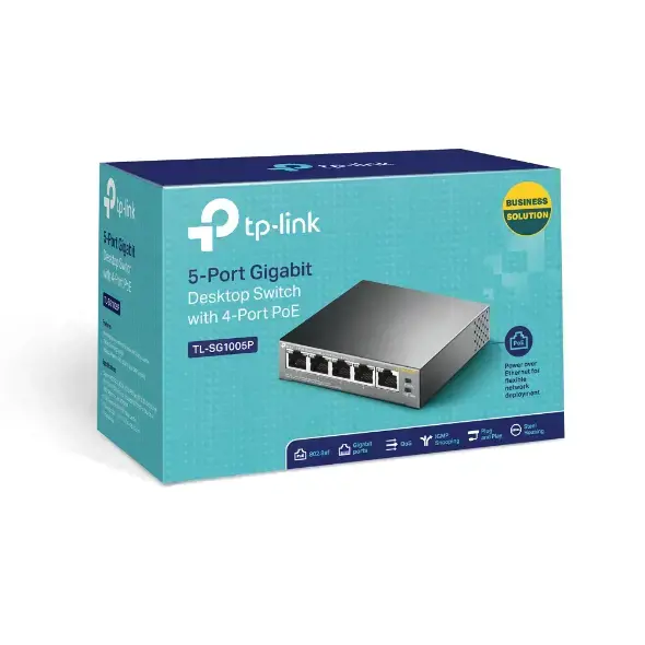TP-LINK 5 prievadų gigabitinis stalinis komutatorius su 4 PoE prievadais 5 Gigabit RJ45 prievadai, įskaitant 4 PoE prievadus 56 W PoE maitinimo šaltinis Plieninis korpusas