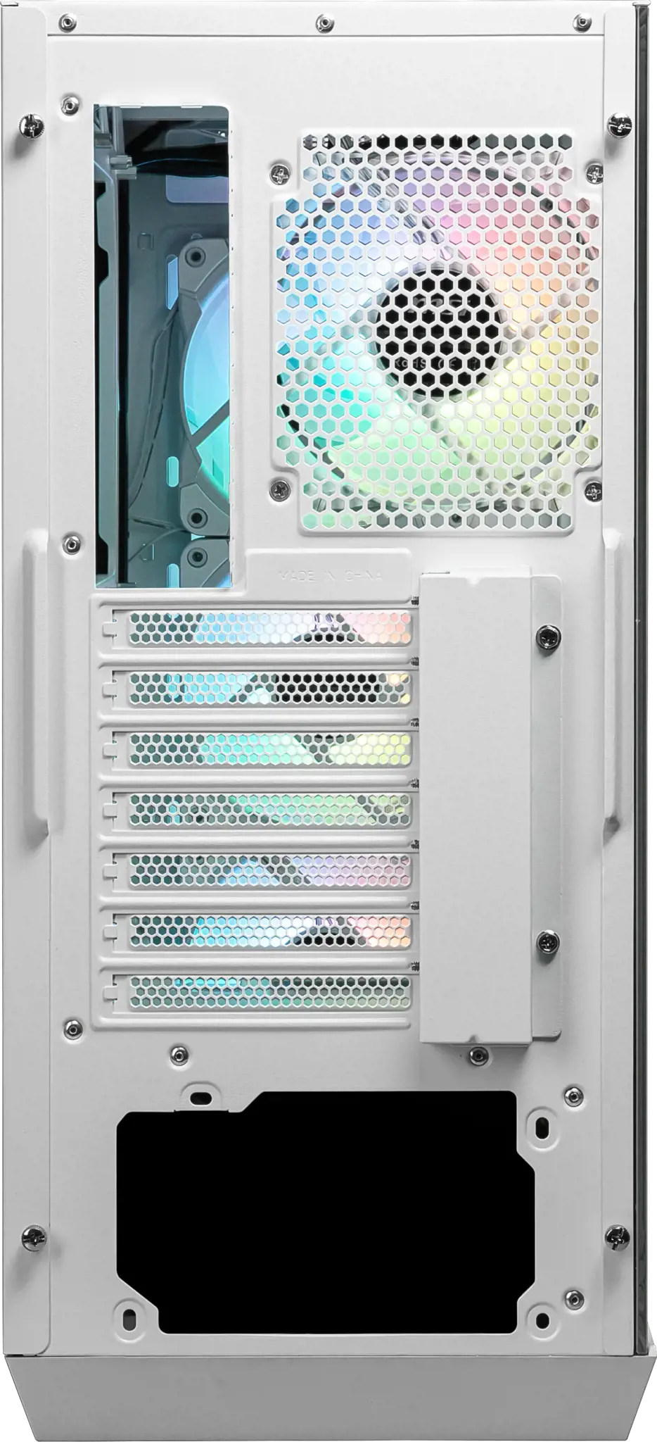 MSI MPG GUNGNIR 110R WHITE Vidutinio bokšto žaidimų kompiuterių korpusas "Baltas, 4x 120 mm ARGB ventiliatorius, 1-6 ARGB valdymo plokštė, C tipo USB, grūdintas stiklas, centrinis, ATX, mATX, mini-ITX", Vidutinio bokšto, kompiuteris, baltas, ATX, micro ATX, mini-ITX, metalinis, žaidimų