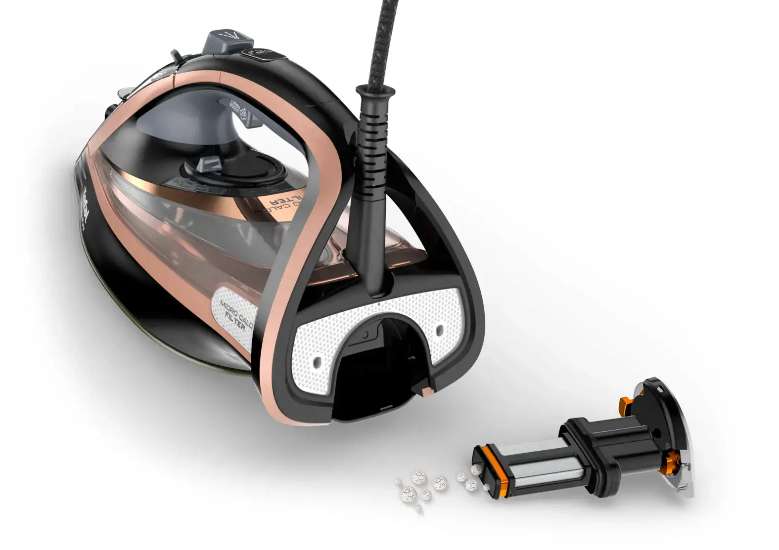 "Tefal Ultimate Pure FV9845", sausas ir garų lygintuvas, "Durilium Autoclean" padas, 3 m, 260 g/min, juodas, varinis, 60 g/min