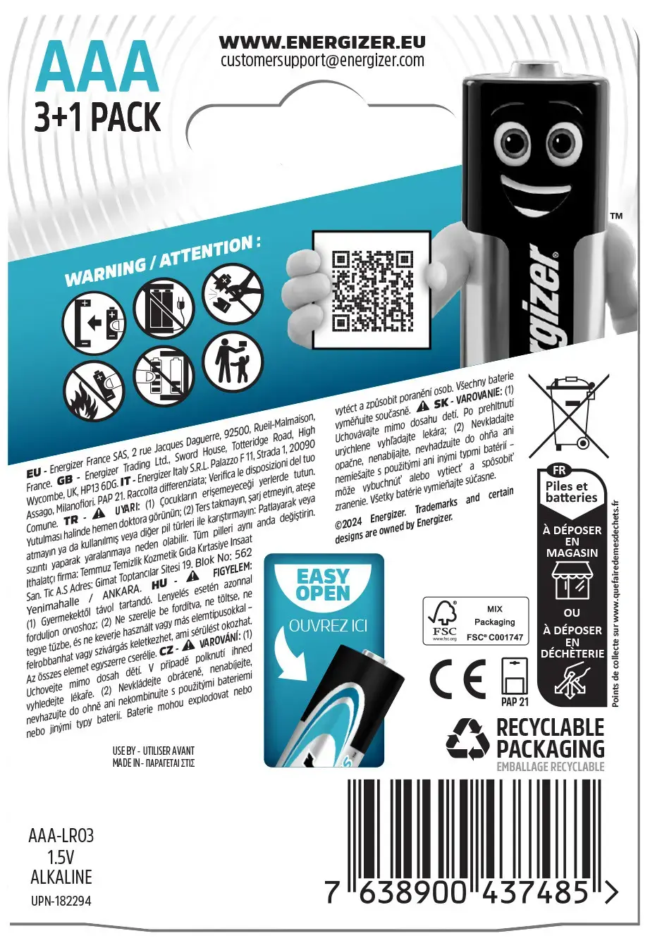 Energizer battery Max Plus Alkaline AAA CHP4 3+1