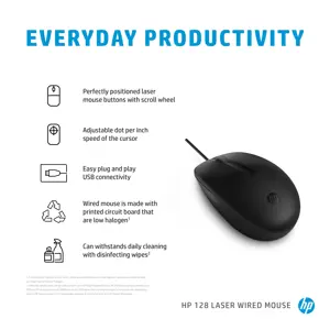 HP 128 lazerinė laidinė pelė, dvipusė, lazerinė, A tipo USB, 1200 DPI, juoda