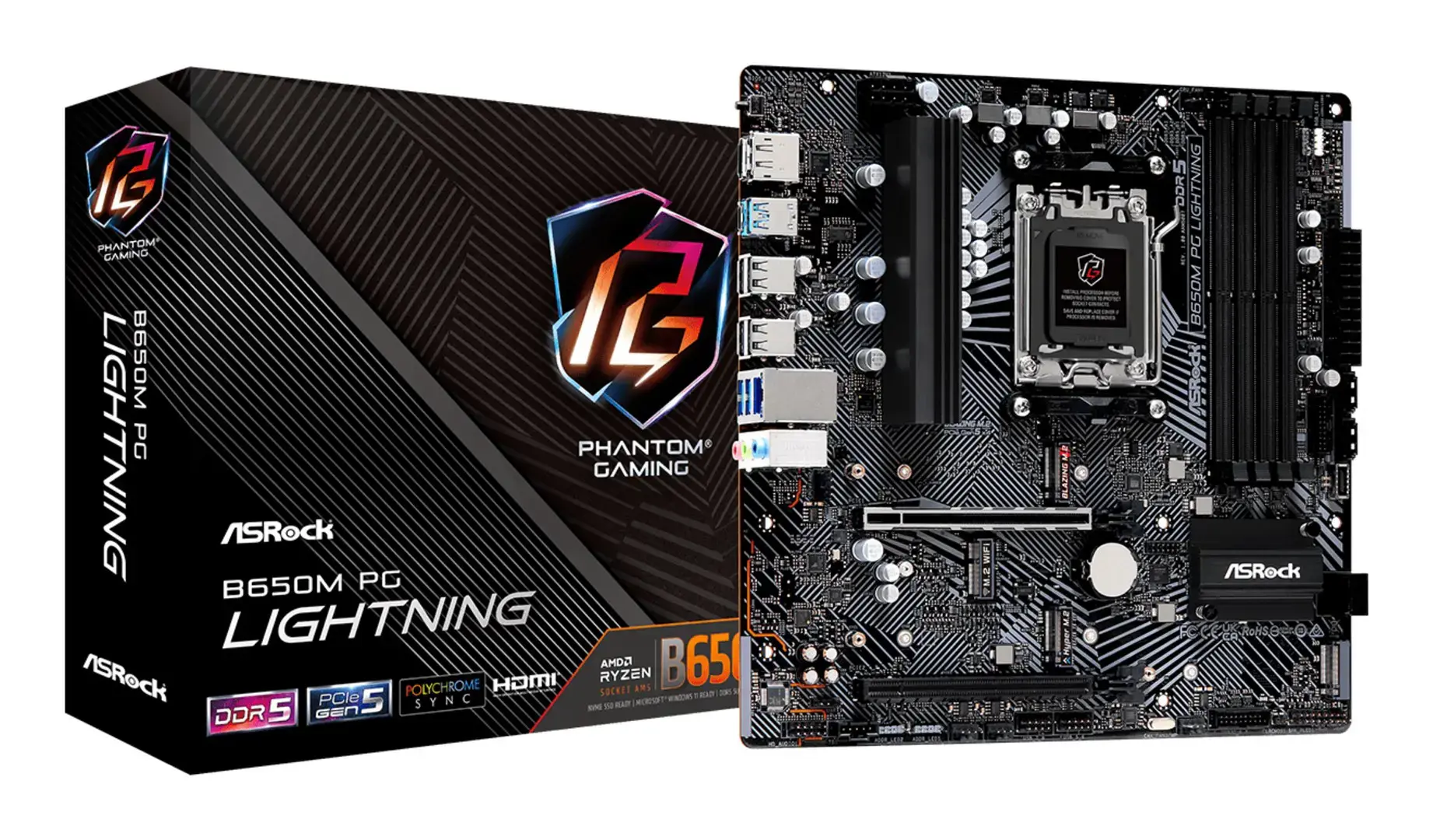 Pagrindinė plokštė ASROCK AMD B650 SAM5 Micro-ATX Atmintis DDR5 Atminties lizdai 4 1xPCI-Express 3.0 16x 1xPCI-Express 4.0 16x 3xM.2 1xHDMI 1xDisplayPort 4xUSB 2.0 3xUSB 3.2 1xUSB-C 1xRJ45 3xAudio prievadas B650MPGLIGHTNING
