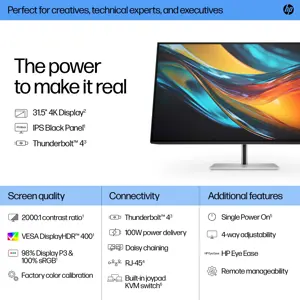 HP Series 7 Pro 31.5 inch 4K Thunderbolt 4 Monitor - 732pk, 80 cm (31.5"), 3840 x 2160 pixels, 4K Ultra HD, 5 ms, Black, Silver
