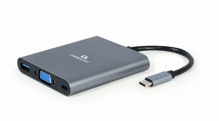 GEMBIRD A-CM-COMBO6-01 kelių prievadų adapteris C tipo USB 6in1 Hub3.1 HDMI VGA PD kortelių skaitytuvas stereofoninis garsas erdvinis pilkas