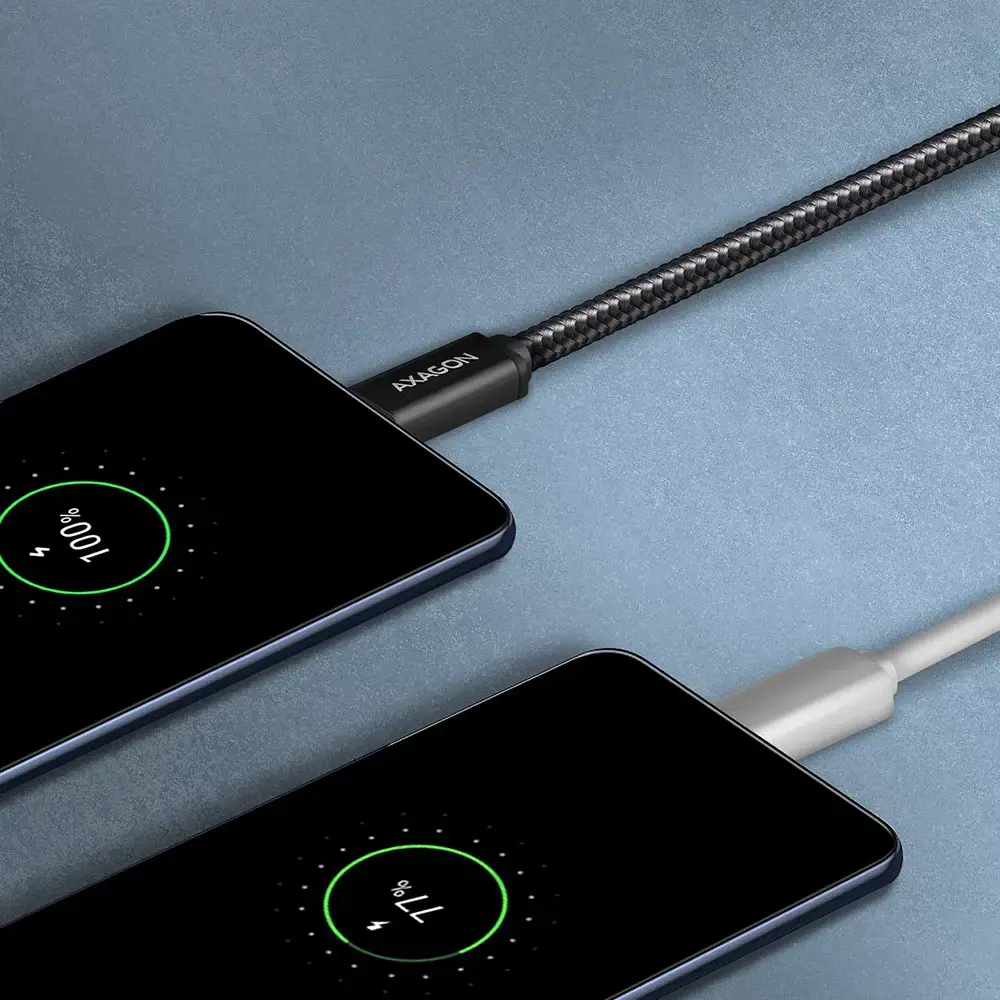 Axagon Duomenų perdavimo ir įkrovimo USB 2.0 kabelis, ilgis 1 m. 2,4 A. Juodos spalvos pintas.