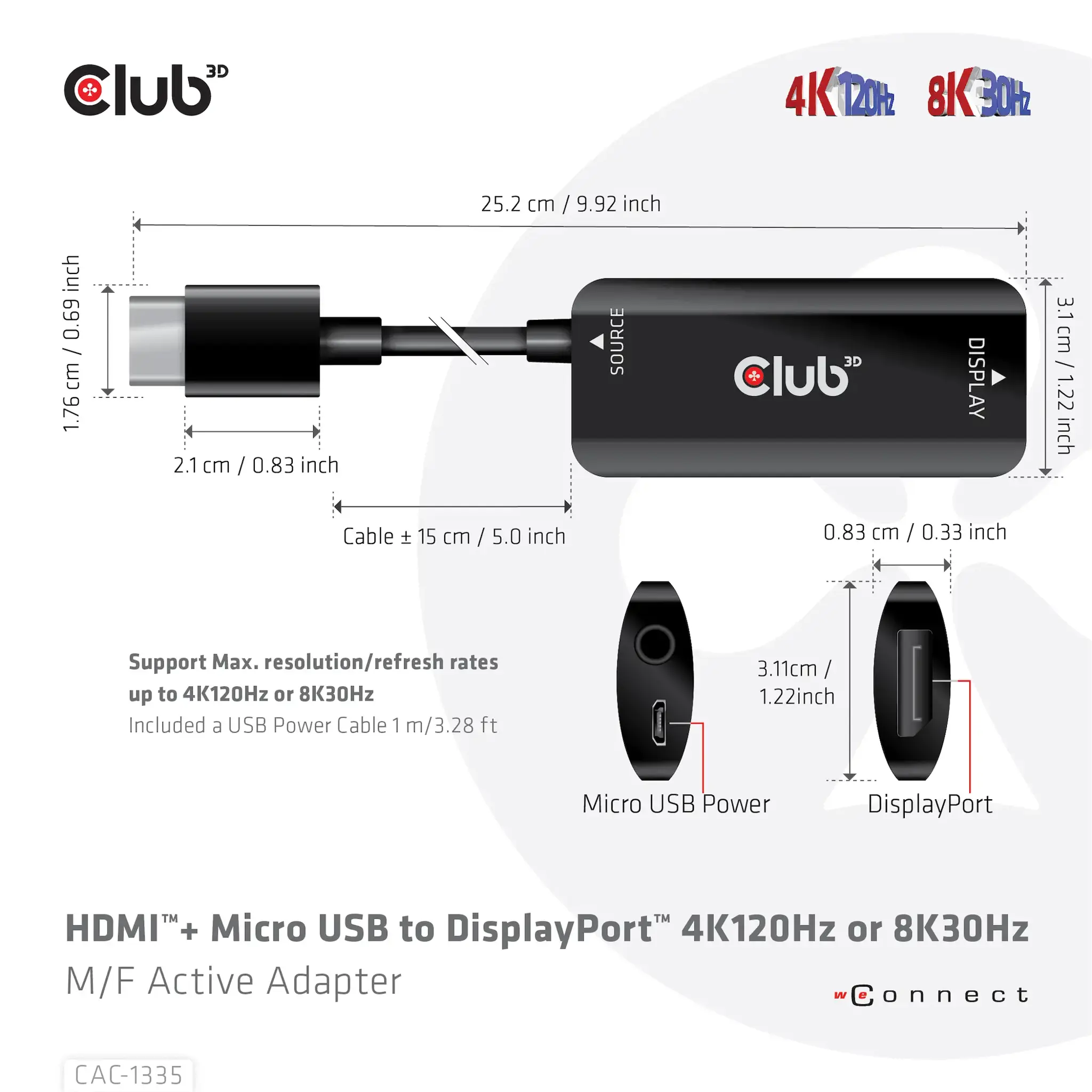 CLUB3D HDMI + Micro USB to DisplayPort™ 4K120Hz or 8K30Hz M/F Active Adapter, 1 m, HDMI + USB, DisplayPort, Male, Female