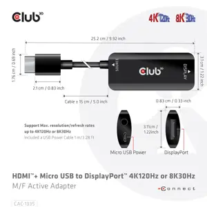 CLUB3D HDMI + Micro USB to DisplayPort™ 4K120Hz or 8K30Hz M/F Active Adapter, 1 m, HDMI + USB, DisplayPort, Male, Female