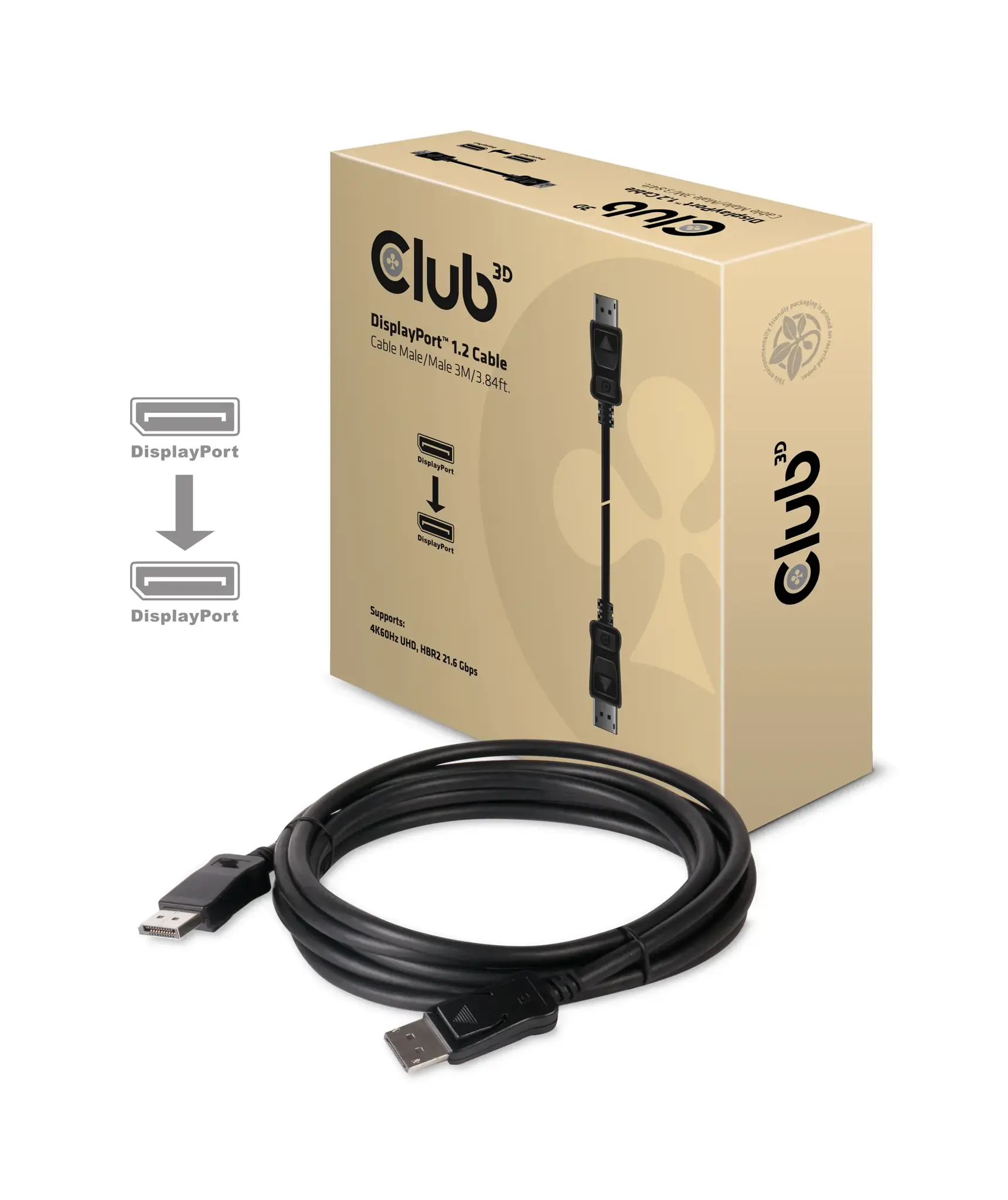 CLUB3D Displayport 1.2 Cable M/M 3Meter 4K60Hz 21.6Gbps, 3 m, DisplayPort, DisplayPort, Male, Male, 3840 x 2160 pixels