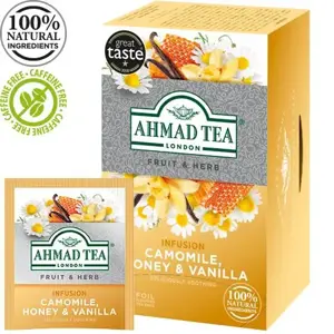 Vaisių ir žolelių arbata AHMAD Camomile Honey & Vanilla, 20 arbatos pakelių x 2 g, vokeliuose