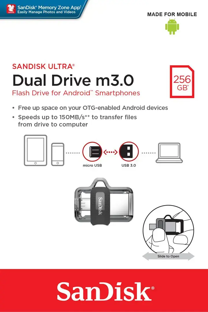 "SanDisk Ultra Dual Drive m3.0" 256 GB pilkos ir sidabrinės spalvos; EAN: 619659154400