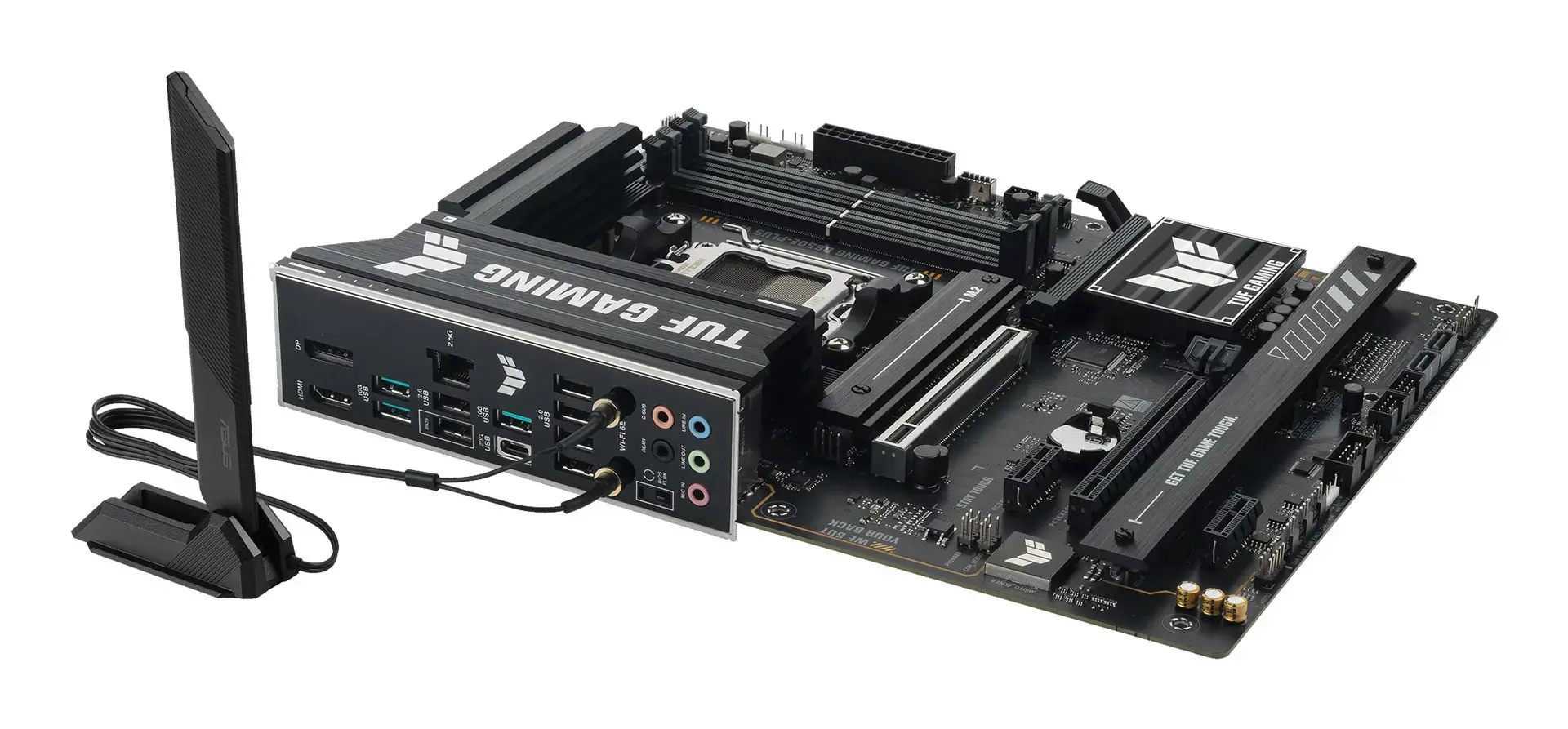 Mainboard ASUS AMD B650 SAM5 ATX Memory DDR5 Memory slots 4 1xPCI-Express 4.0 1x 1xPCI-Express 4.0 16x 1xPCI-Express 5.0 16x 3xM.2 1xHDMI 1xDisplayPort 6xUSB 2.0 3xUSB 3.2 1xUSB-C 1xRJ45 3xAudio port TUFGAMINGB650EPLUSWIFI