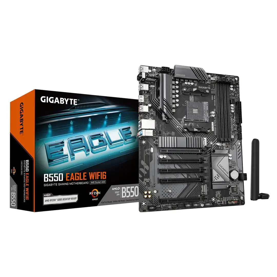 Mainboard GIGABYTE AMD B550 SAM4 ATX Memory DDR4 Memory slots 4 4xPCI-Express 1x 1xPCI-Express 16x 2xM.2 1xHDMI 1xAudio-In 1xAudio-Out 1xMicrophone 4xUSB 2.0 3xUSB 3.2 1xUSB-C 1xRJ45 B550EAGLEWIFI61.0