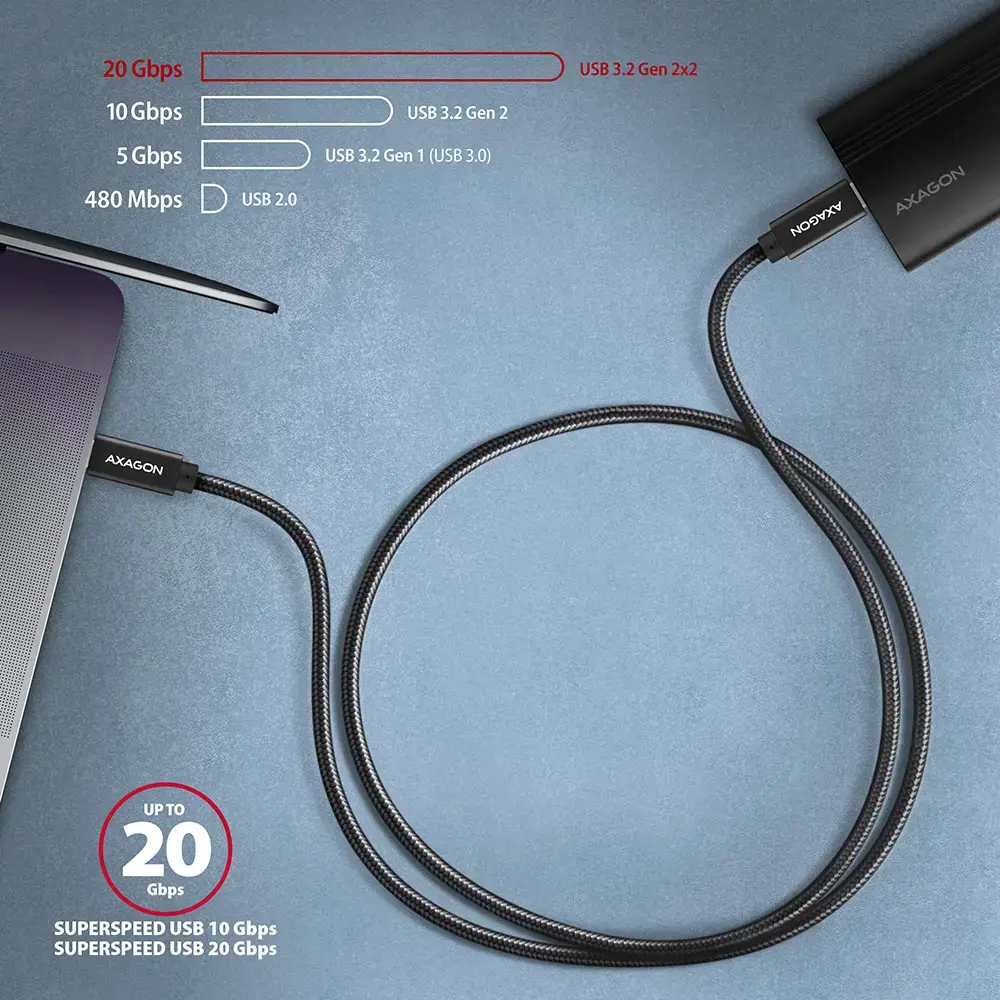 Axagon Duomenų ir įkrovimo USB 3.2 Gen 2 kabelio ilgis 2 m. PD 100 W, 5 A, 4K HD vaizdo įrašas. Juodos spalvos pintas.