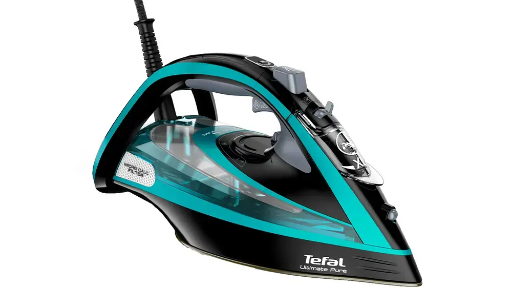 "Tefal Ultimate Pure FV9844", sausas ir garų lygintuvas, "Durilium Autoclean" padas, 2,5 m, 250 g/min, juodas, mėlynas, 60 g/min