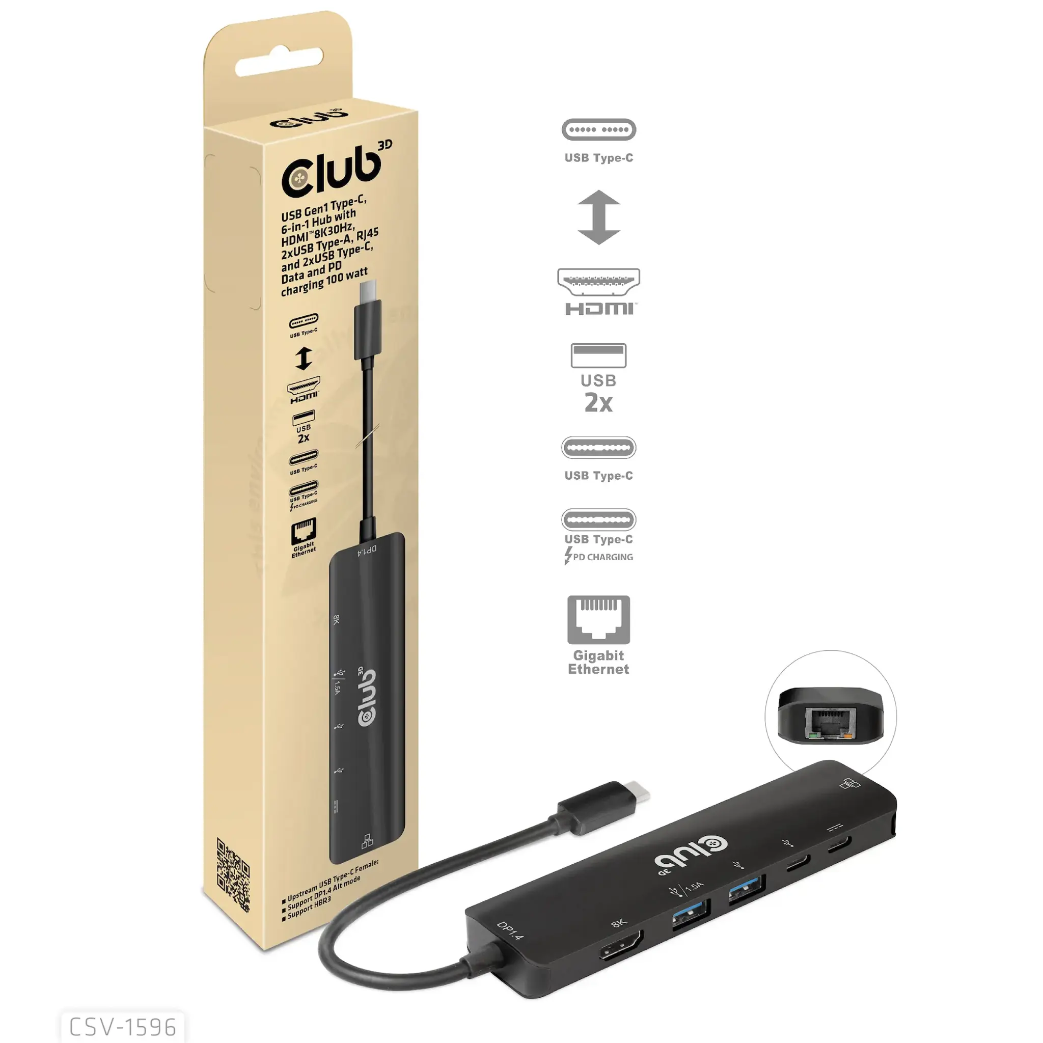 CLUB3D USB Gen1 Type-C, 6-in-1 Hub with HDMI 8K30Hz, 2xUSB Type-A, RJ45 and 2xUSB Type-C, Data and PD charging 100 watt, USB 3.2 Gen 1 (3.1 Gen 1) Type-C, HDMI, RJ-45, USB 3.2 Gen 1 (3.1 Gen 1) Type-A, USB 3.2 Gen 1 (3.1 Gen 1) Type-C, 5000 Mbit/s, 120 Hz, 7680 x 4320 pixels, Black