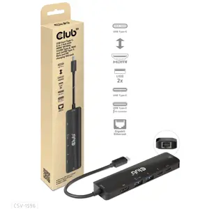 CLUB3D USB Gen1 Type-C, 6-in-1 Hub with HDMI 8K30Hz, 2xUSB Type-A, RJ45 and 2xUSB Type-C, Data and PD charging 100 watt, USB 3.2 Gen 1 (3.1 Gen 1) Type-C, HDMI, RJ-45, USB 3.2 Gen 1 (3.1 Gen 1) Type-A, USB 3.2 Gen 1 (3.1 Gen 1) Type-C, 5000 Mbit/s, 120 Hz, 7680 x 4320 pixels, Black