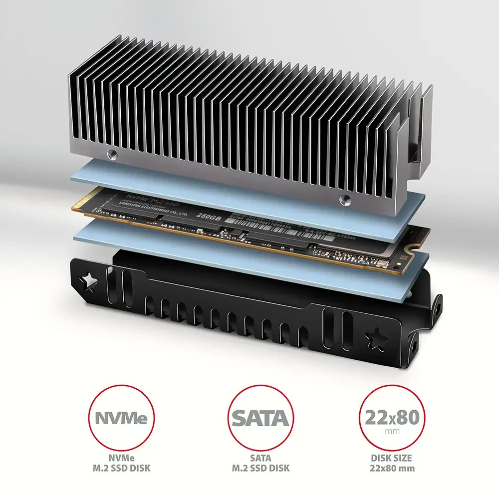 AXAGON CLR-M2XT passive - M.2 SSD, 80mm SSD, ALU body, silicone thermal pads, height 20mm