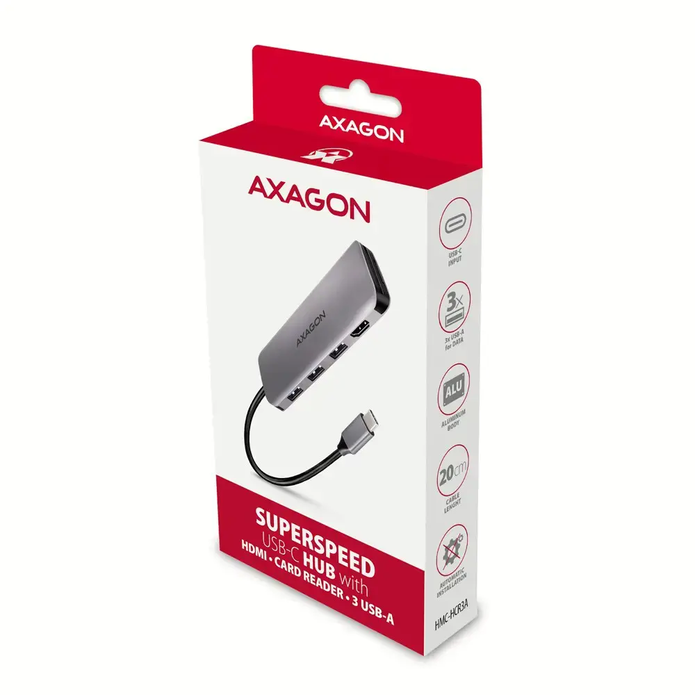 "Axagon" kelių prievadų USB 3.2 Gen 1 šakotuvas. HDMI, kortelių skaitytuvas ir trys USB-A išvestys. USB-C 20 cm ilgio kabelis.