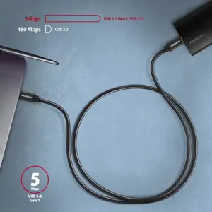 Axagon Duomenų perdavimo ir įkrovimo USB 3.2 Gen 1 kabelis, ilgis 1 m. PD 60 W, 3 A. Juodos spalvos pintas.