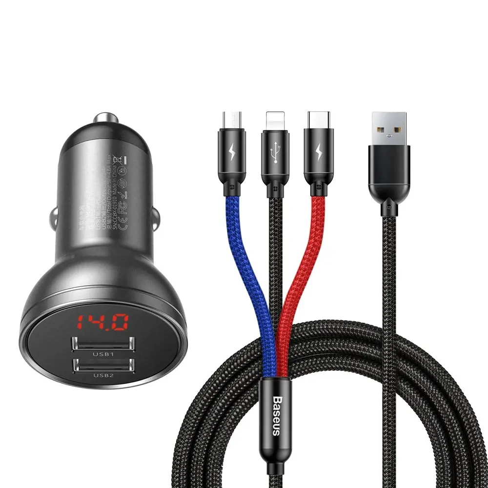 Baseus Digital Display Dual USB 4.8A Car Charger 24W + 3in1 USB - UBS Type C | micro USB | Lightning 1,2m cable black (TZCCBX-0G)