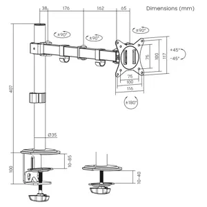 Maclean MC-753N LCD Monitor Desk Mount 17-32" 9kg VESA 75x75 100x100 Single Arm Extendable Adjustab…